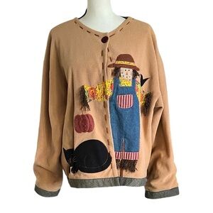 Vtg. Scarecrow, Black Cat, pumpkin one button front Jacket. Sz.L